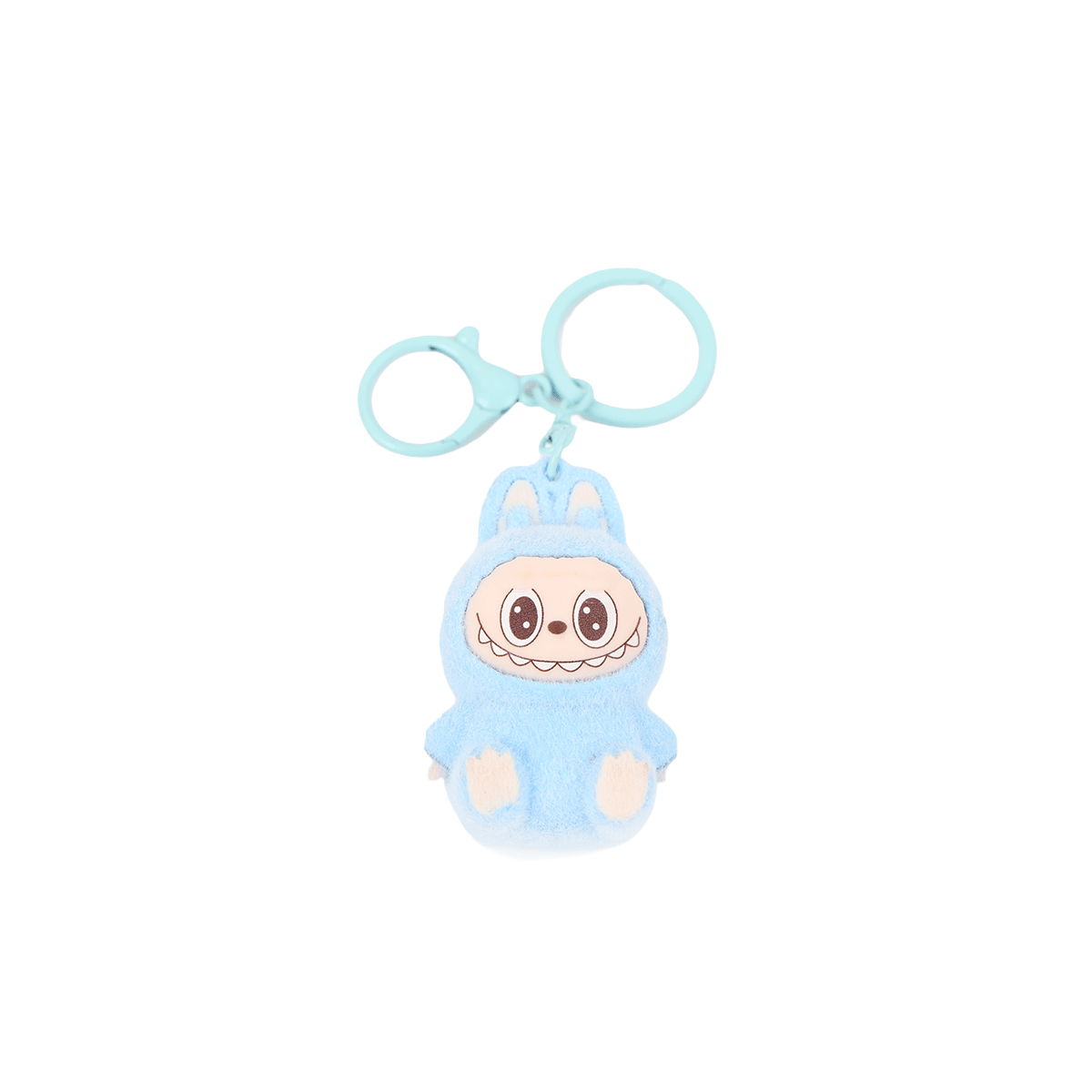Labubu keychain plush in blue with double keyring, face and hood, front view