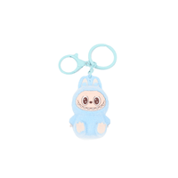 Labubu keychain plush in blue with double keyring, face and hood, front view