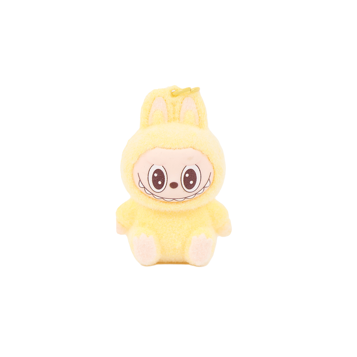 Labubu keychain plush in yellow with hooded face, front view