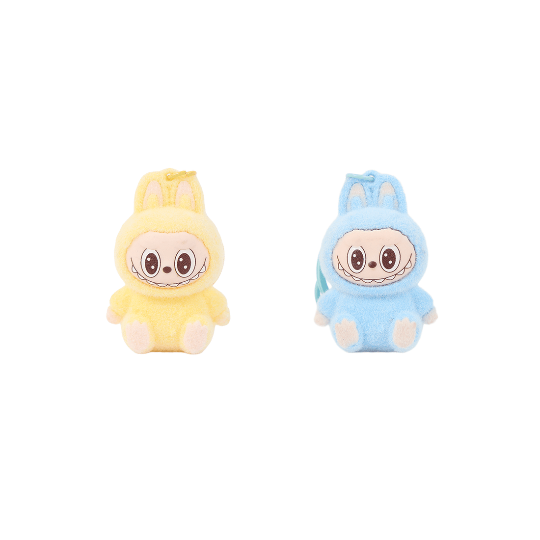 Labubu keychain plush pair in yellow and blue, cute face character, front view