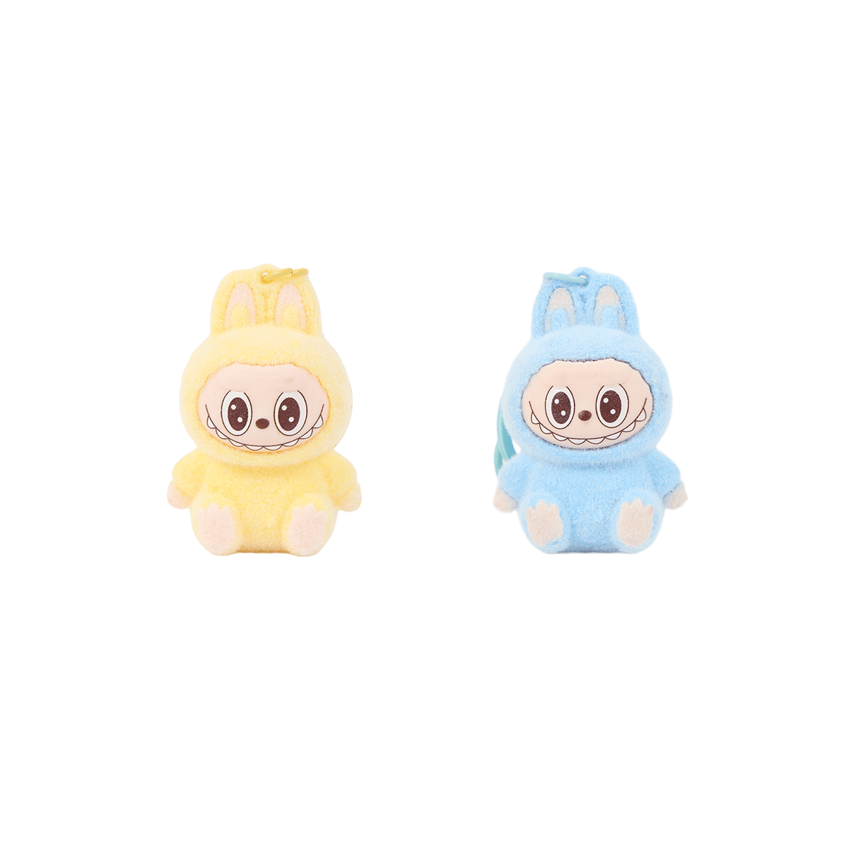 Labubu keychain plush pair in yellow and blue, cute face character, front view