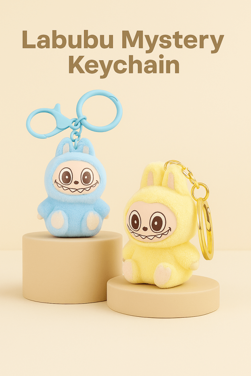 Labubu mystery keychain plush set: blue and yellow character plush with clasp rings