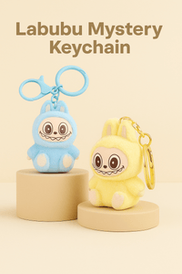 Labubu mystery keychain plush set: blue and yellow character plush with clasp rings