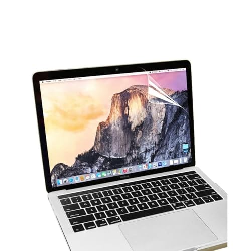 Laptop screen protector film fitted over screen, clear overlap at top edge