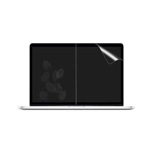 Laptop screen protector film on dark display, corner lifted for easy application