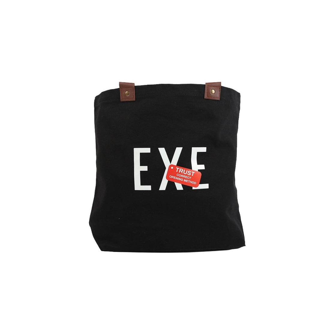 Canvas shoulder bag in black with white front graphic and top leather-look tabs