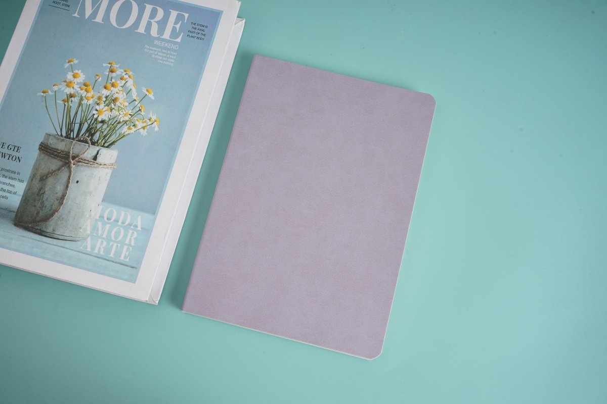 Lavender velvet notebook, closed with smooth rectangular cover