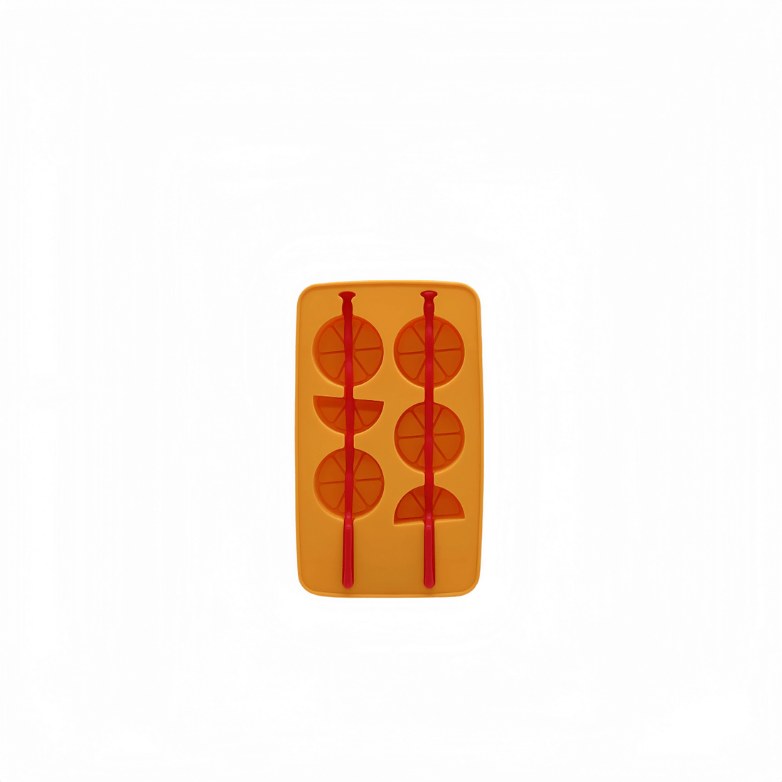 Orange silicone ice tray with bottle-shaped molds and red ice-cube forms