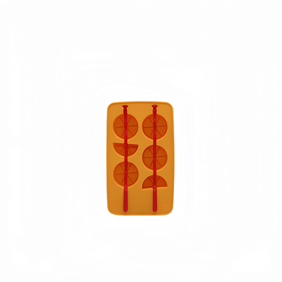 Orange silicone ice tray with bottle-shaped molds and red ice-cube forms