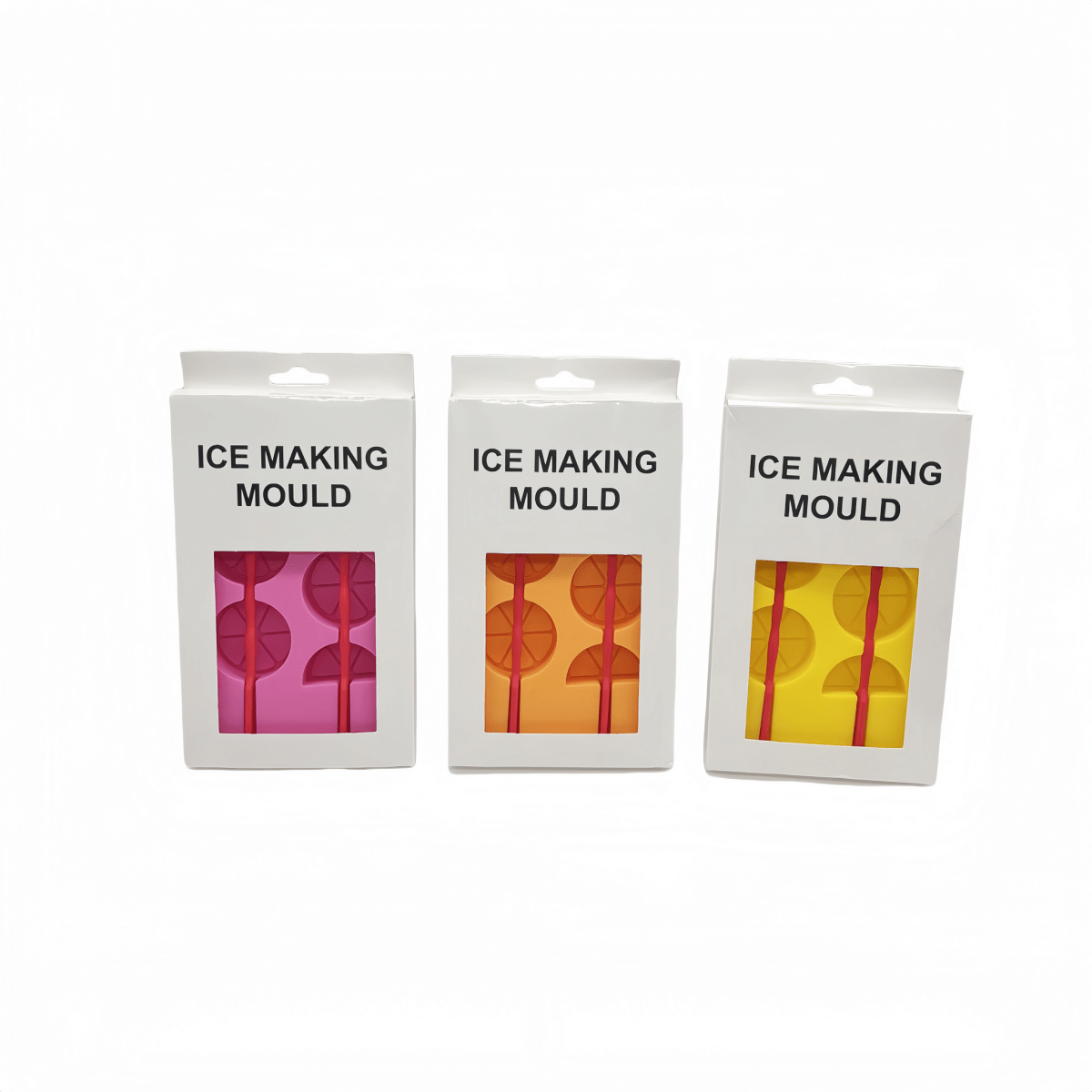 Three packaged ice making moulds, showing pink, orange, and yellow silicone trays