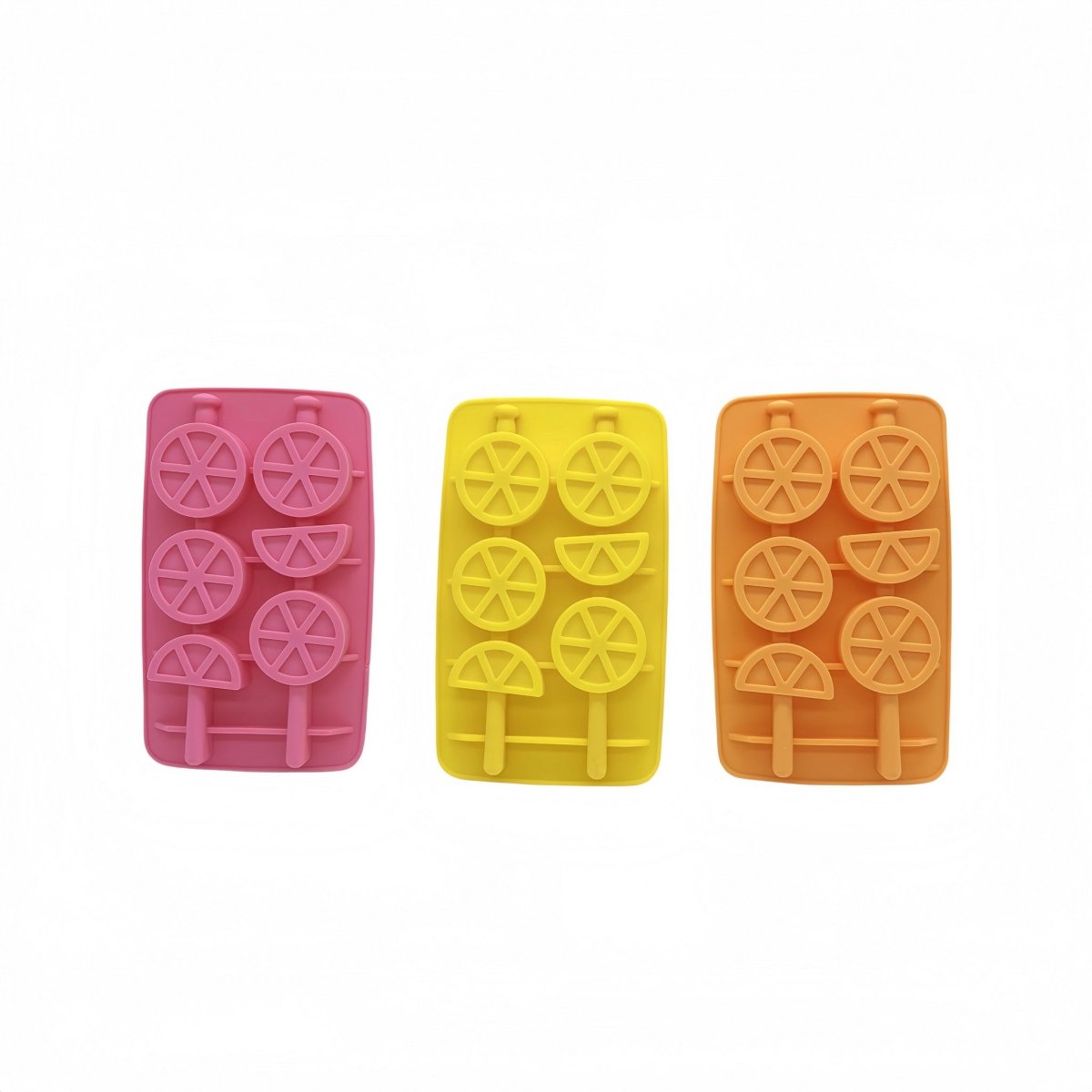 Three silicone ice trays in pink, yellow, and orange with circular mold shapes