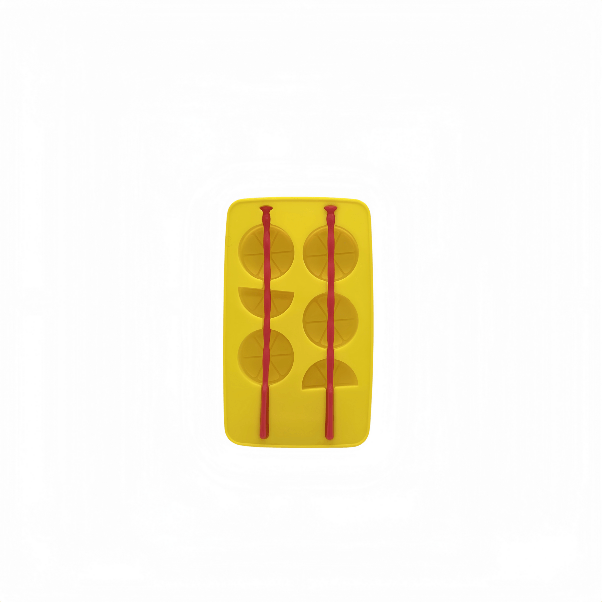 Yellow silicone ice tray with bottle-shaped molds and red ice-cube forms