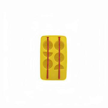 Yellow silicone ice tray with bottle-shaped molds and red ice-cube forms
