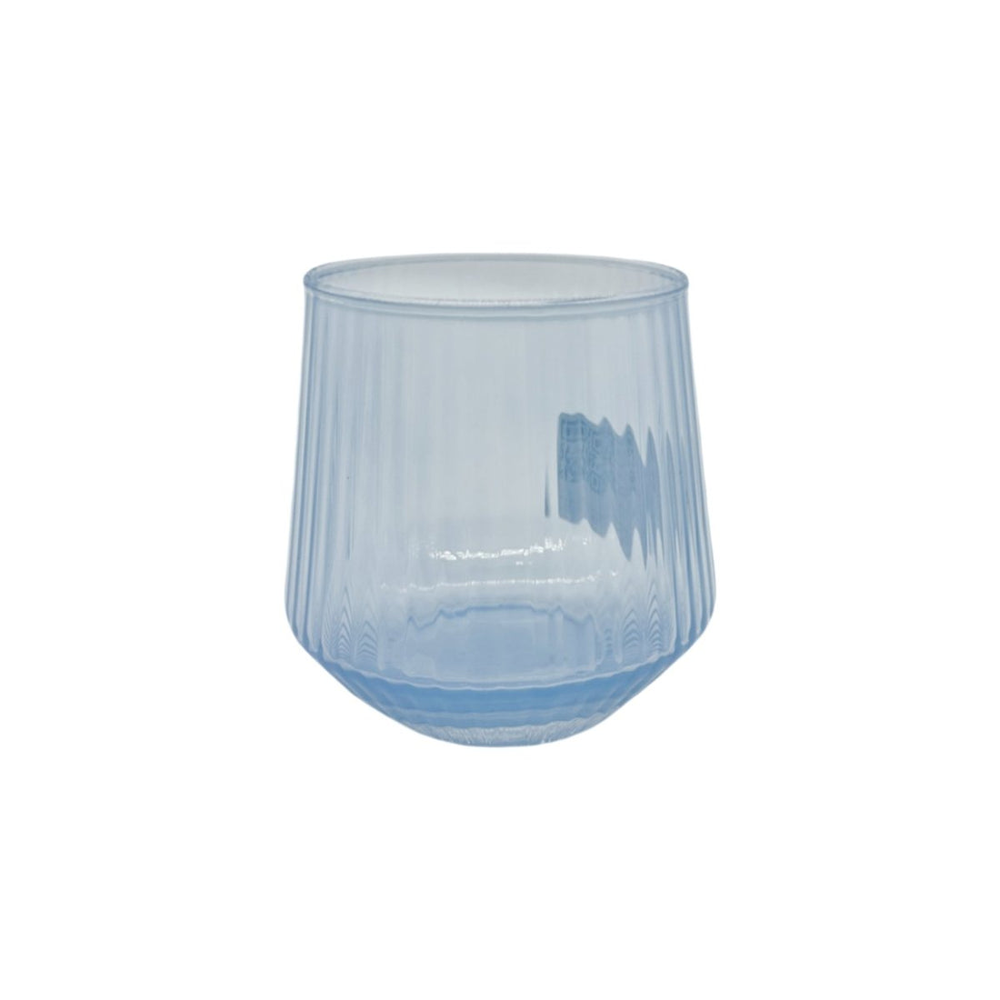 Light blue glass tumbler with faceted sides and round rim