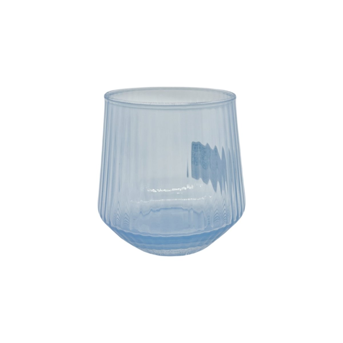 Light blue glass tumbler with faceted sides and round rim