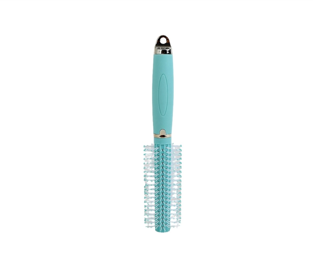 Light blue thermal hair brush with vertical barrel and white bristle cushion