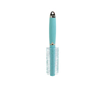 Light blue thermal hair brush with vertical barrel and white bristle cushion