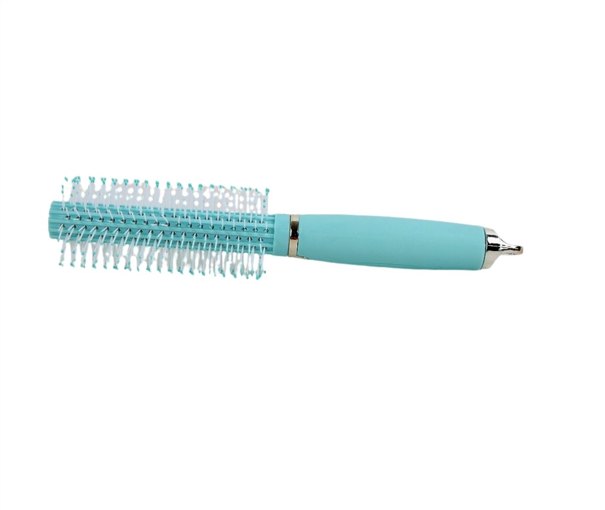 Light blue thermal round hair brush with cylindrical barrel and white bristles