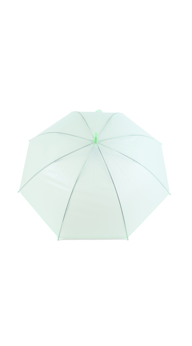 Mint green clear umbrella with open canopy and visible ribs
