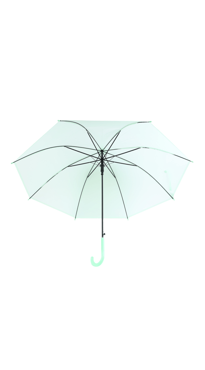 Mint green clear umbrella with open canopy and transparent panels