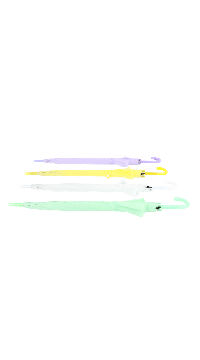 Stacked clear umbrellas in mint green and light purple, for storage