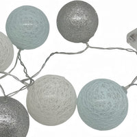 String light set with silver and light blue globe bulbs on wire