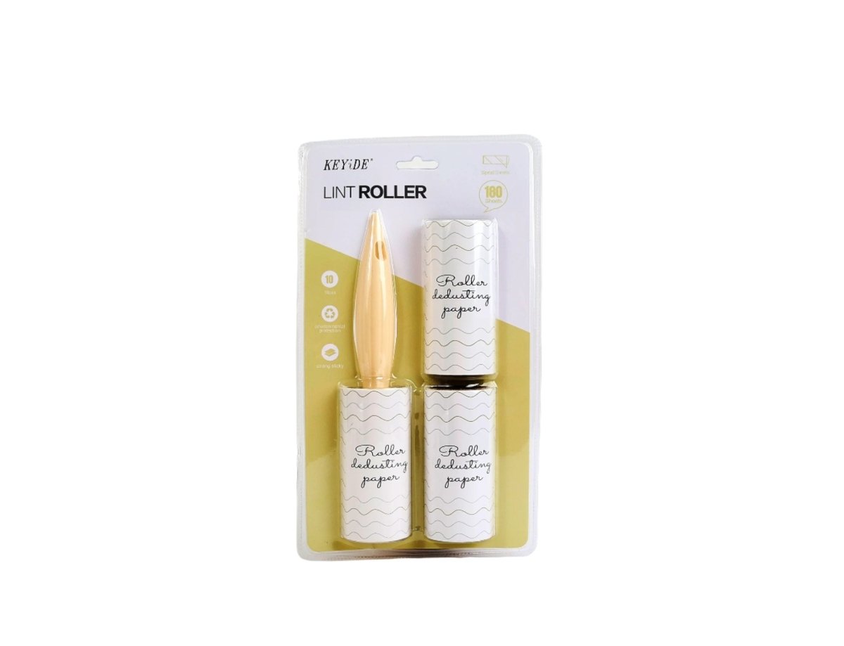 KEYDE lint roller 2-pack in yellow and white refill tape in blister packaging