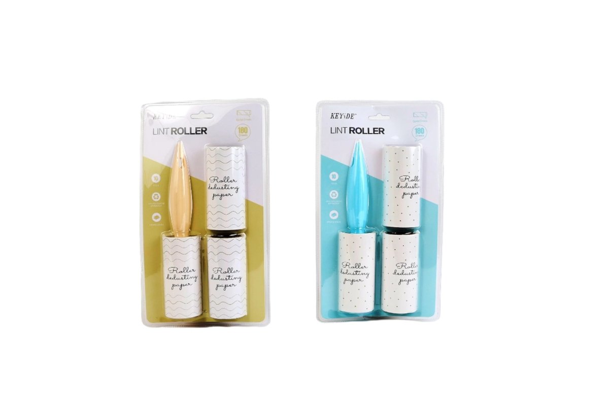 KEYDE lint roller 2-pack with one yellow and one blue refill tape set in blister