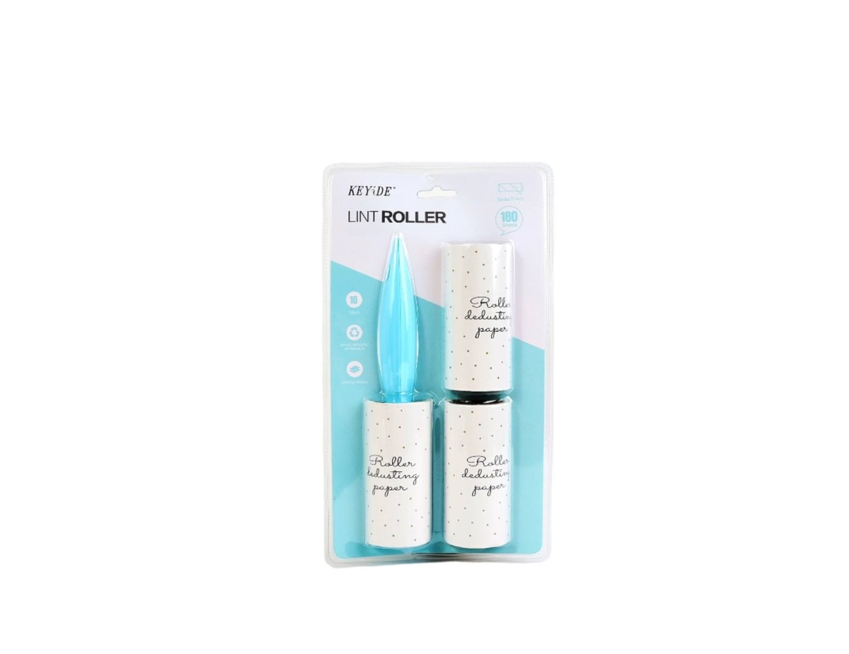 KEYDE lint roller 2-pack in blue and white refill tape in blister packaging