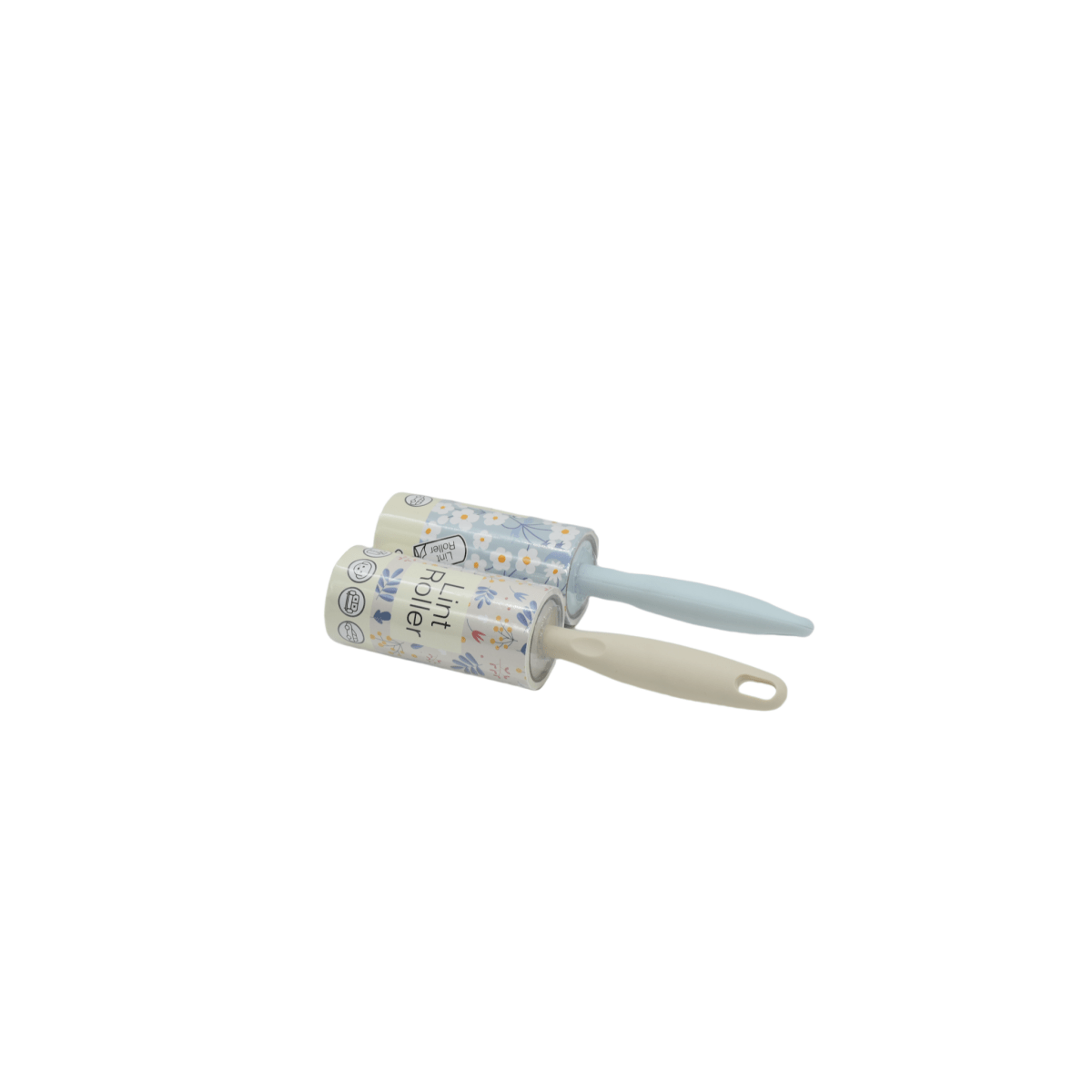 Lint roller with white sticky roller and light blue handle, compact size