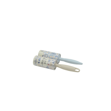 Lint roller with white sticky roller and light blue handle, compact size