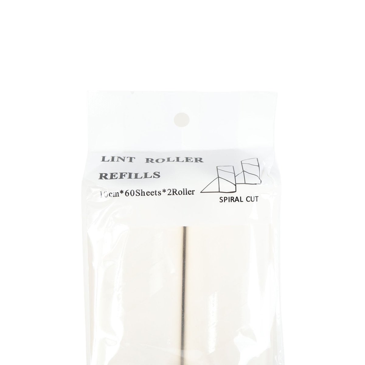 Lint roller refill pack, spiral-cut rolls shown through clear plastic