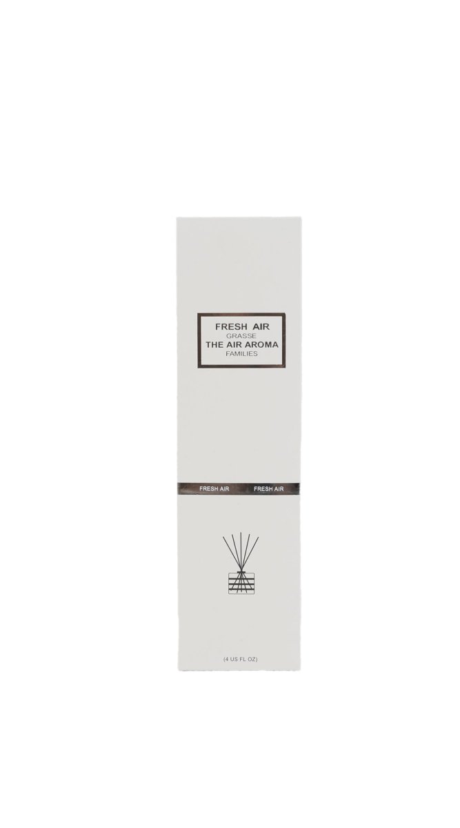 Reed diffuser packaging with Fresh Air label and reed symbol