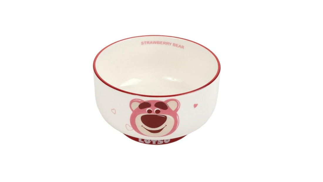 Lotso charm bowl, white ceramic with red rim and Lotso bear face graphic