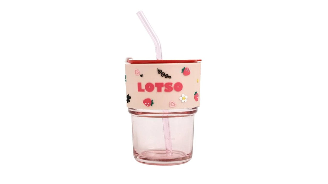 Straw cup with LOTSO text and icons, clear body, pink straw and lid
