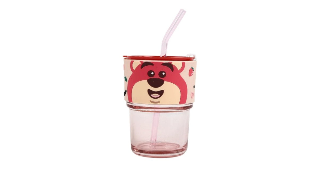 Straw cup with Lotso character print, clear body, pink lid and straw