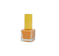 Orange nail polish bottle with yellow cap, front view