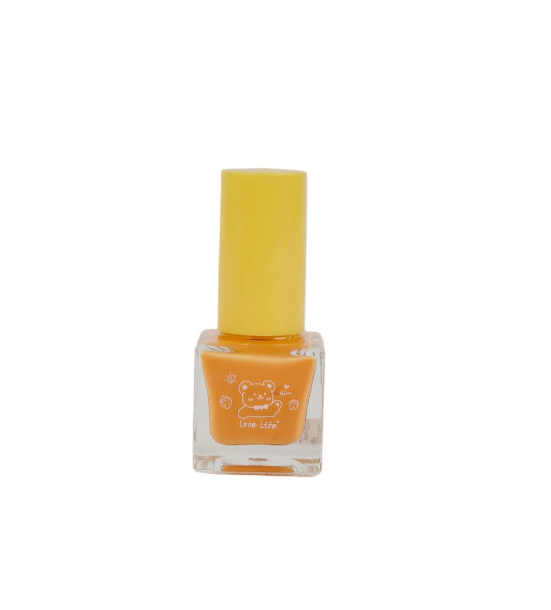 Orange nail polish bottle with yellow cap, centered close-up