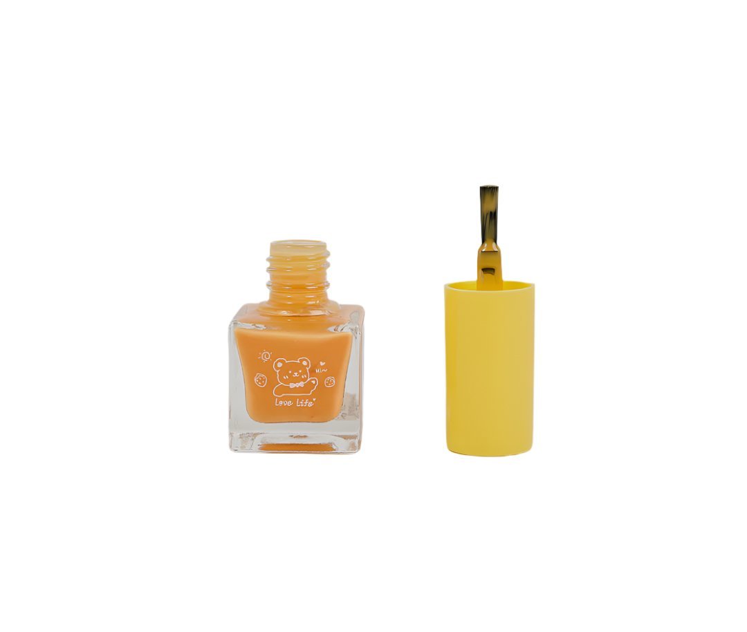 Orange nail polish in clear bottle with yellow cap and separate applicator