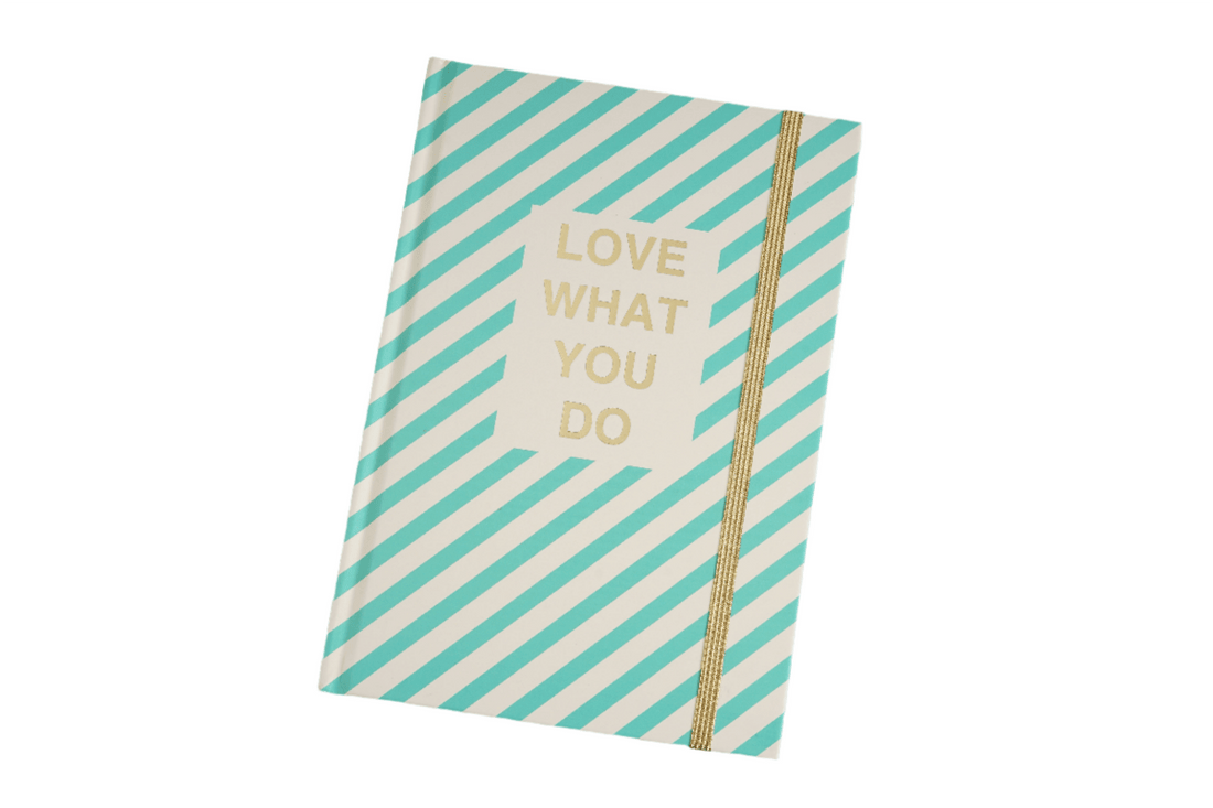 Striped teal notebook with 'LOVE WHAT YOU DO' text and gold elastic closure
