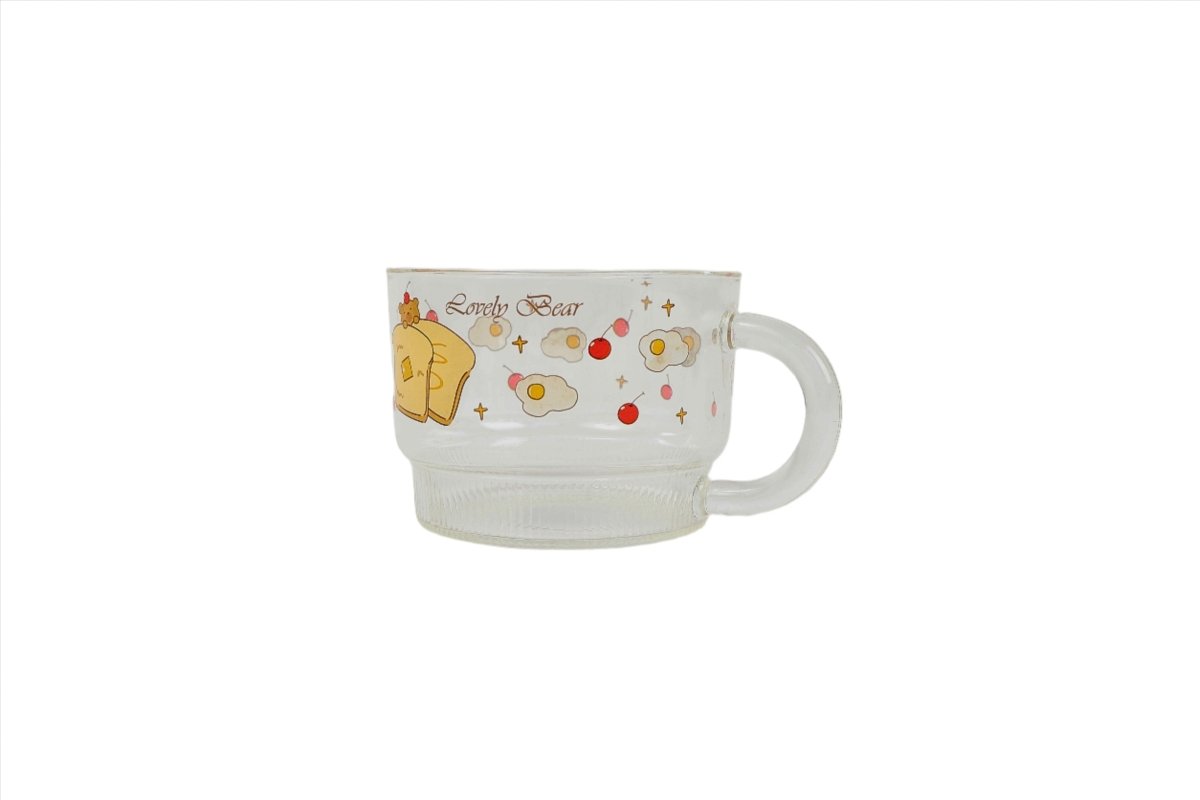 Kids glass cup with bear and star/heart icons print, wide handle, white base