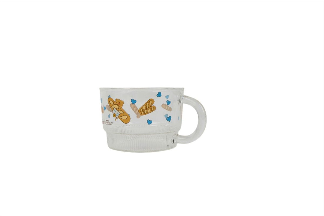 Kids glass cup with bear and treats print, wide handle, white base