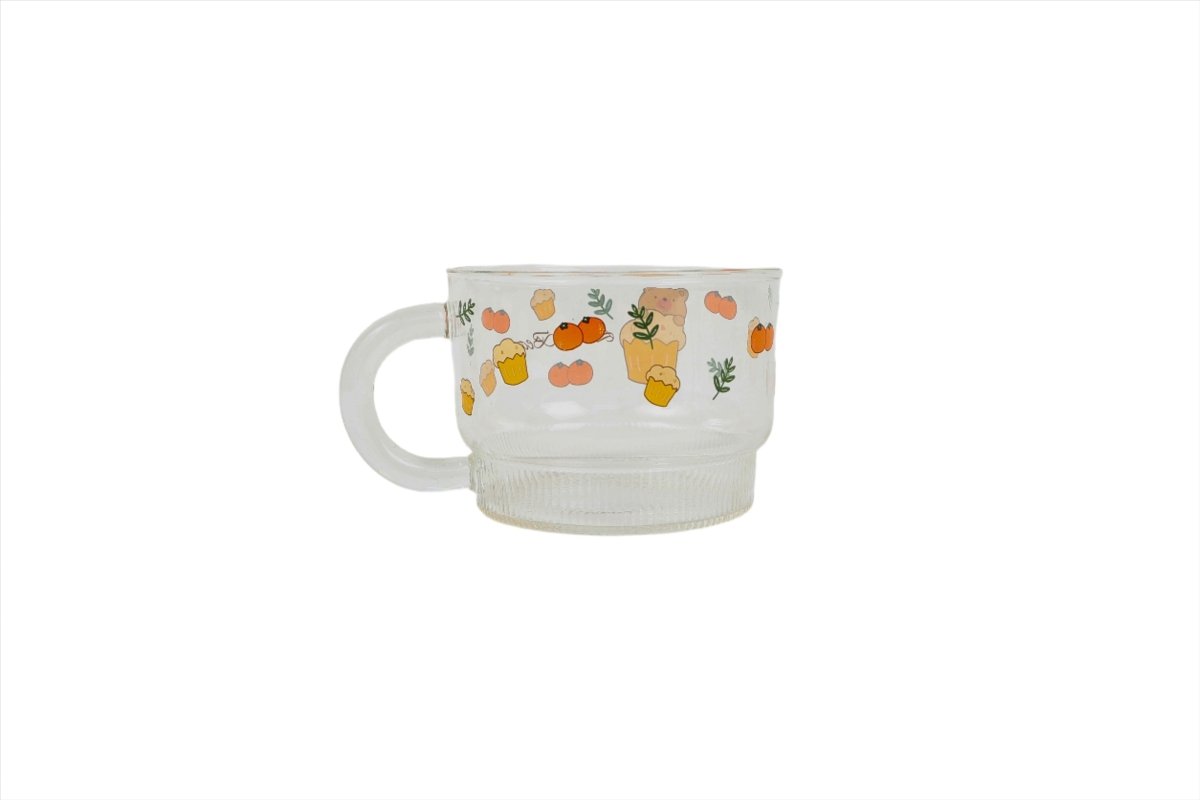 Kids glass cup with fruits and carrot-style icons print, wide handle, white base