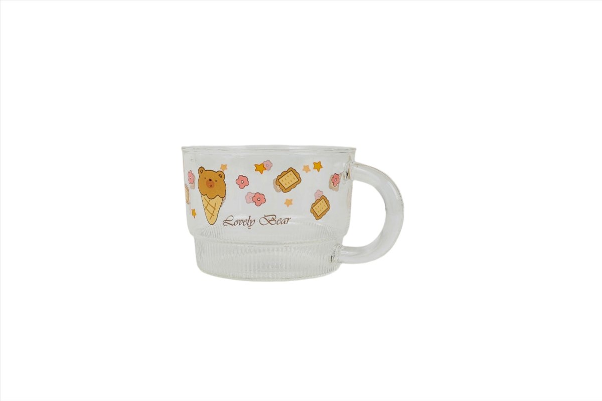 Kids glass cup with bear and snacks print plus "Lovely Bear" text, wide handle