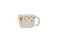 Kids glass cup with bear and snacks print plus "Lovely Bear" text, wide handle