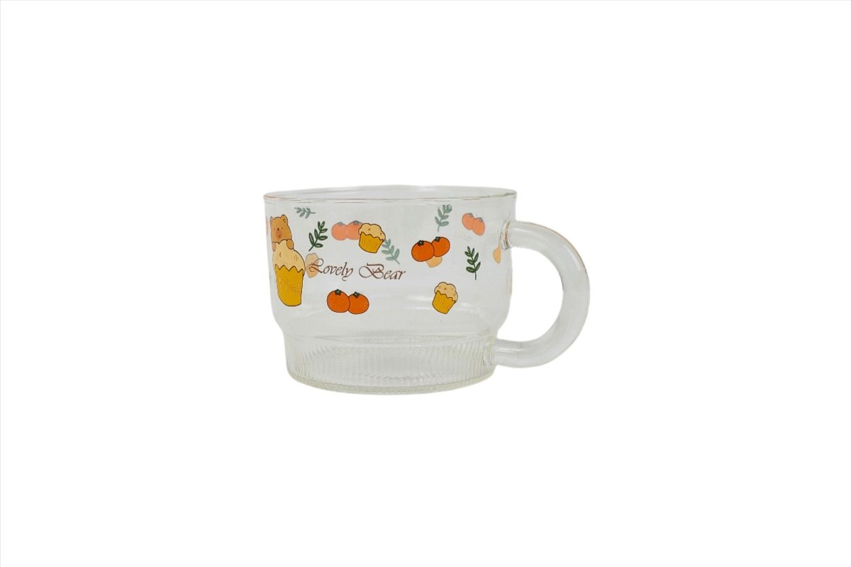 Kids glass cup with bear and assorted food icons print, wide handle, white base