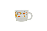 Kids glass cup with bear and assorted food icons print, wide handle, white base