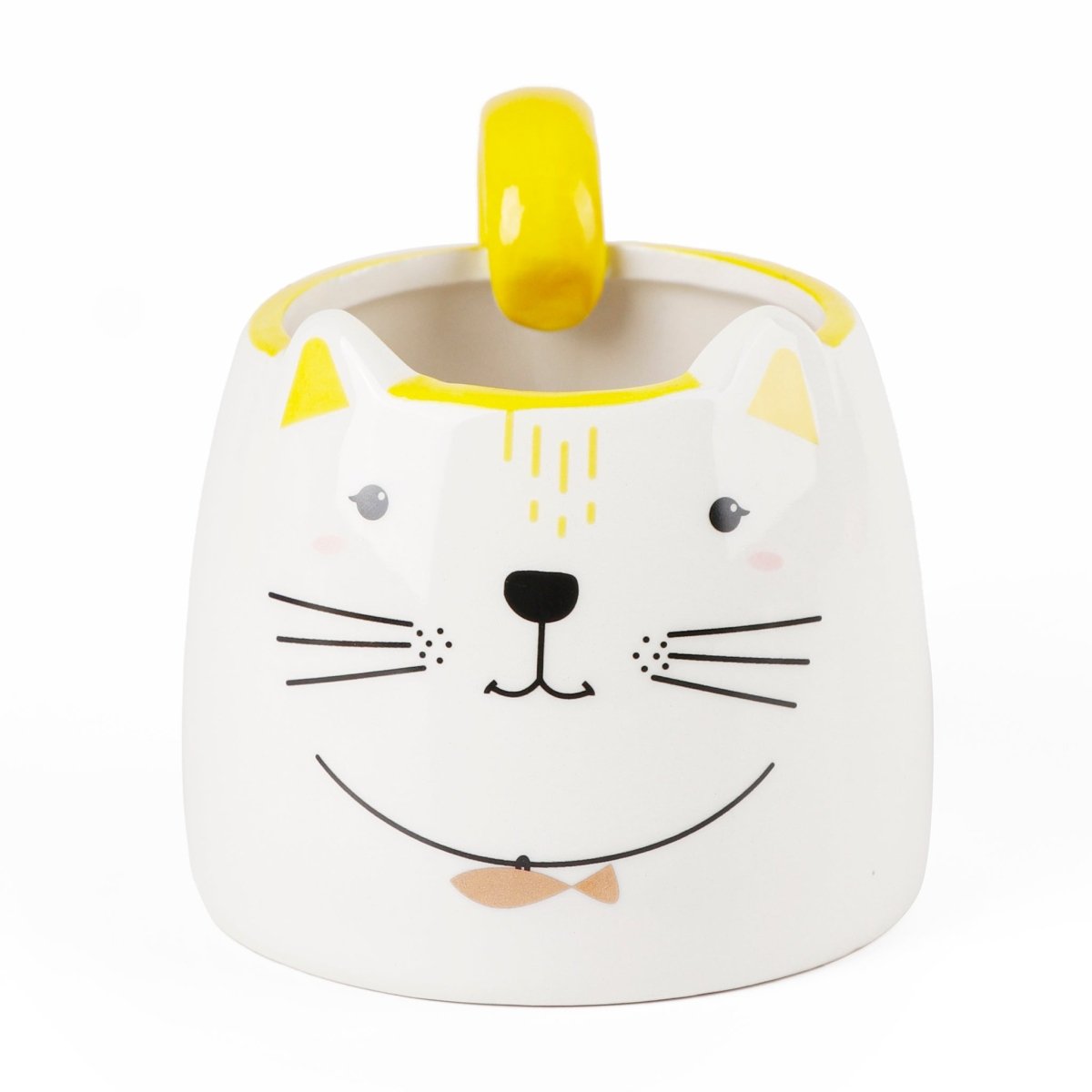 White ceramic cat-face mug with yellow handle and bow, 400ml