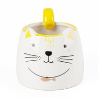 White ceramic cat-face mug with yellow handle and bow, 400ml