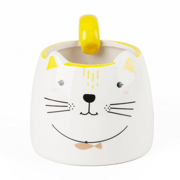 White ceramic cat-face mug with yellow handle and bow, 400ml